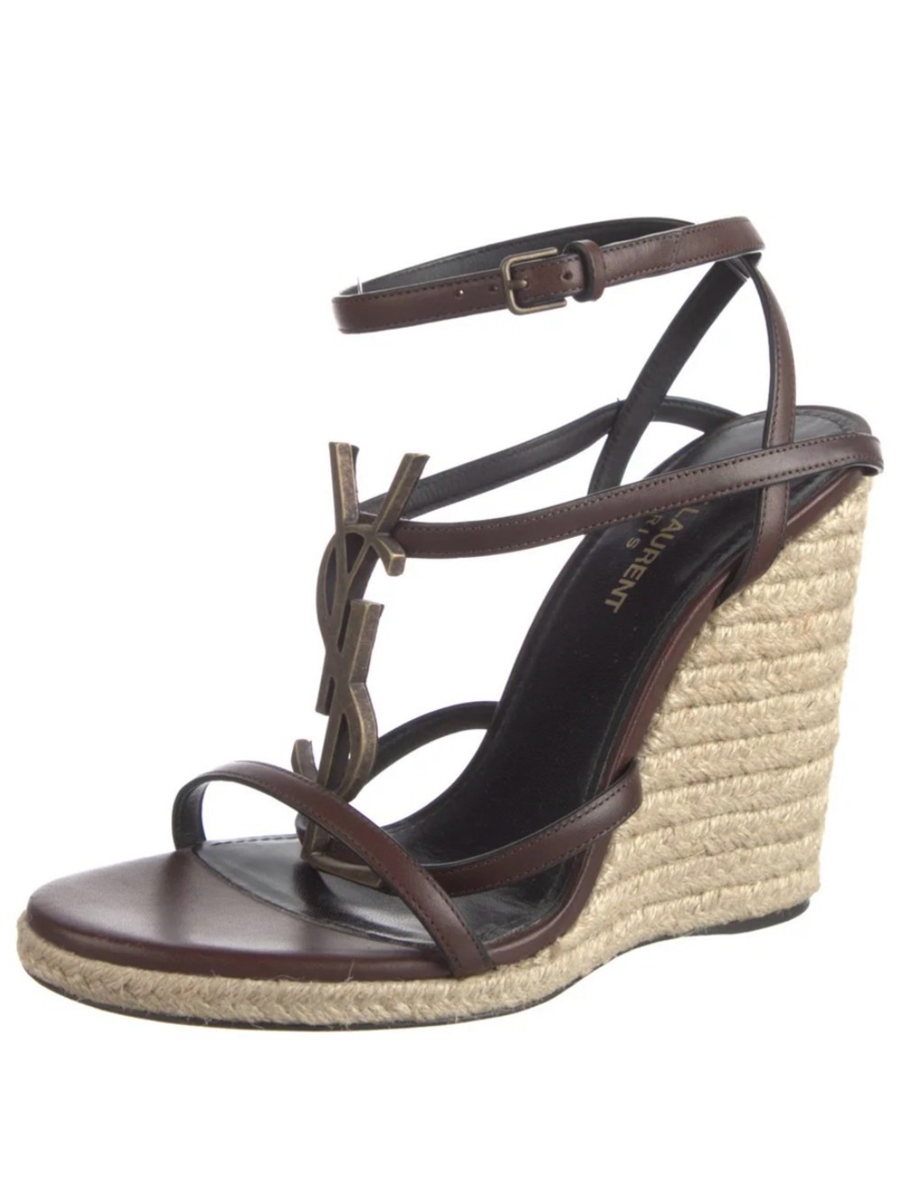 Saint Laurent Brown Leather YSL Espadrille Wedge Sandals